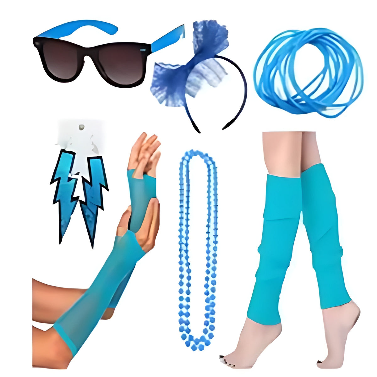 Blue kids disco party accessory set with sunglasses, headband, gloves, jewellery and leg warmers