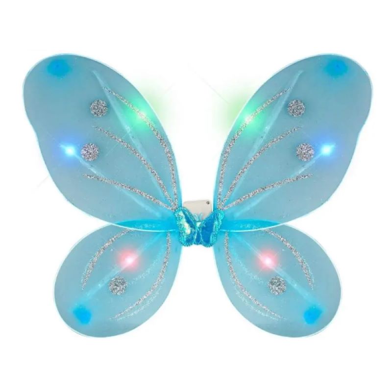 Blue translucent fairy wings with LED lights and silver glitter details