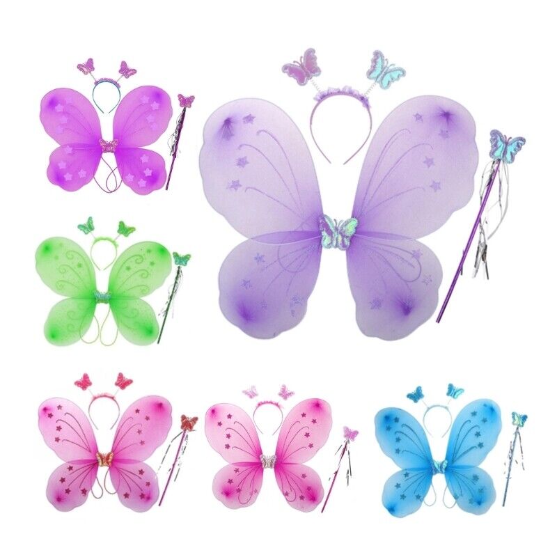 Colorful fairy wings set with butterfly headband and wand