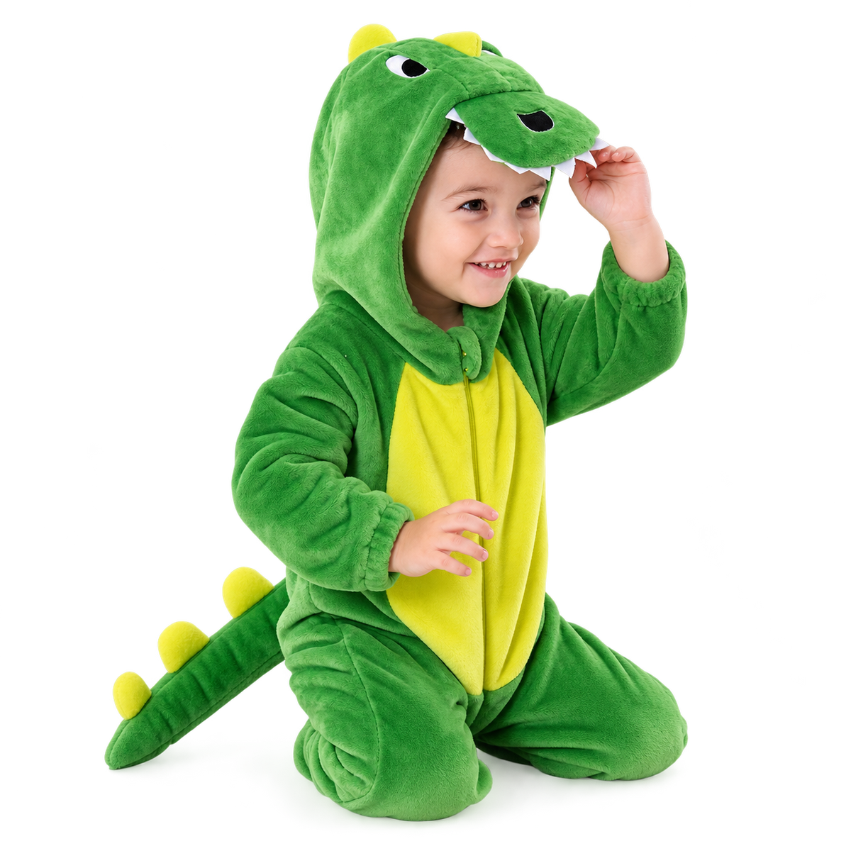 Square high-quality product photo of green dinosaur costume with yellow belly and hood on pure white background