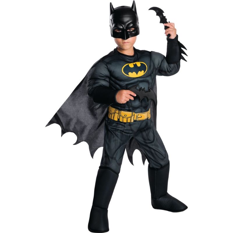 Boy wearing a padded black Batman costume with mask and cape