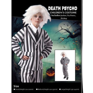 Boy wearing a black and white striped Beetlejuice-inspired suit