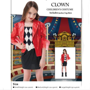 Girl wearing a red jacket black and white diamond top and black skirt clown costume