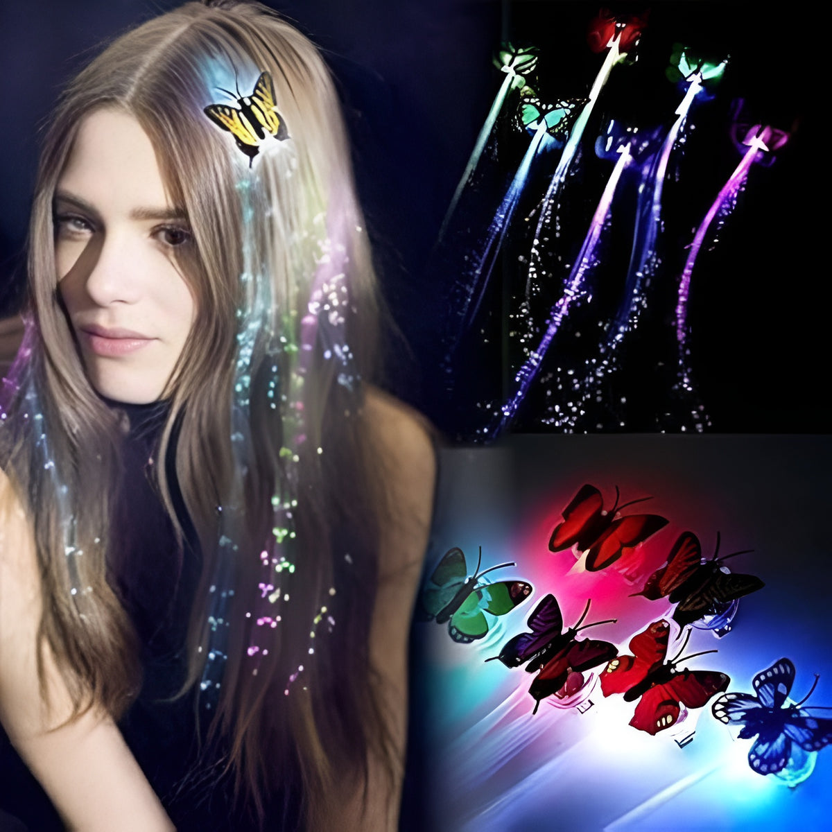LED butterfly hair braid clip glowing in multicolor lights