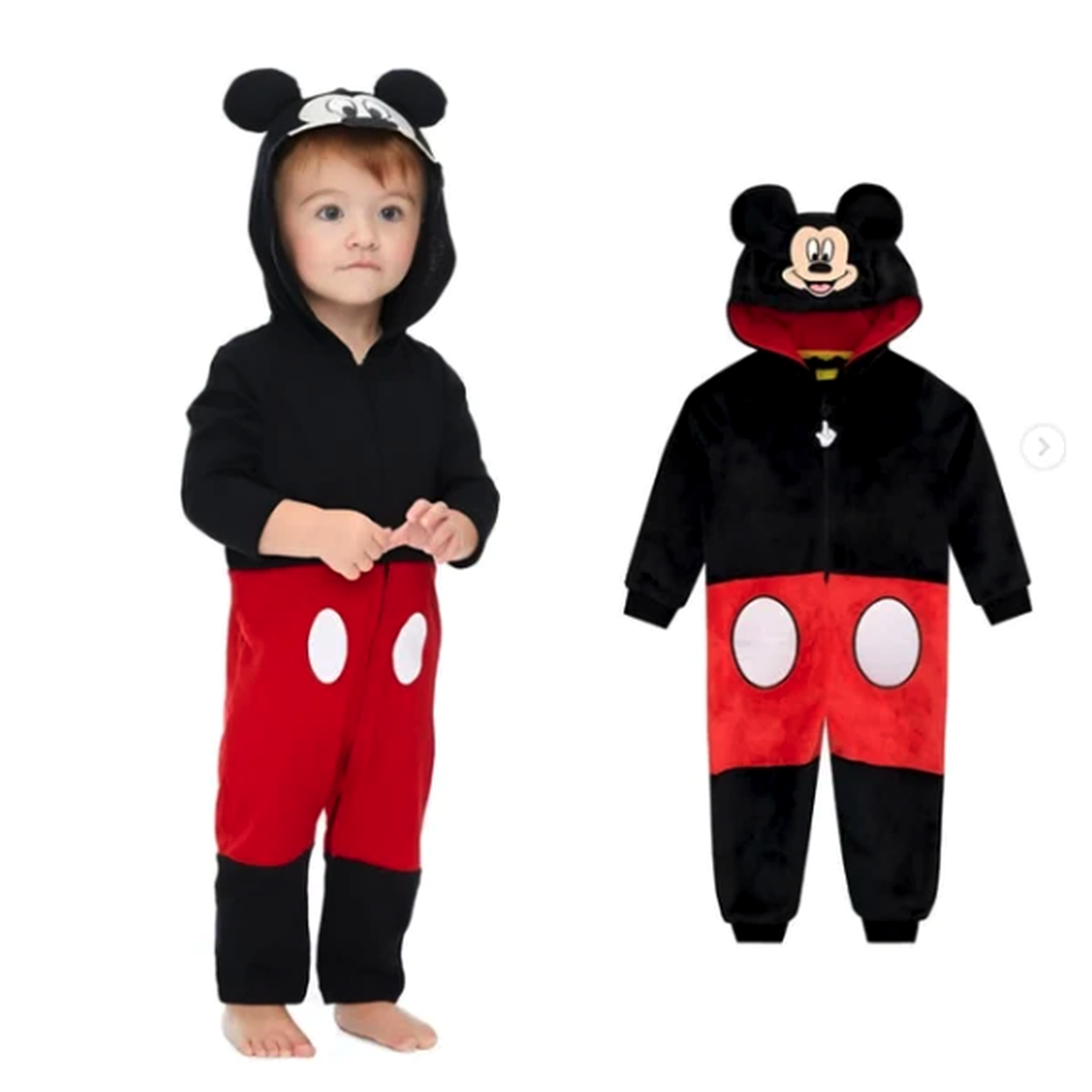 Mickey Mouse toddler costume shown on a child and displayed separately, square white-background product image