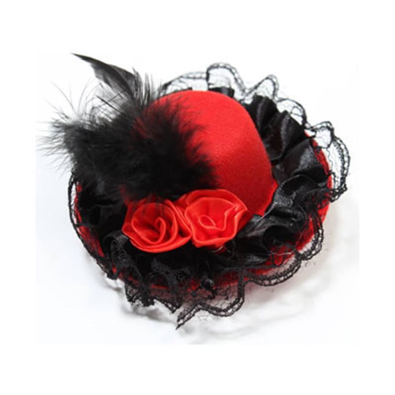 Red and black lace feather mini top hat hair clip