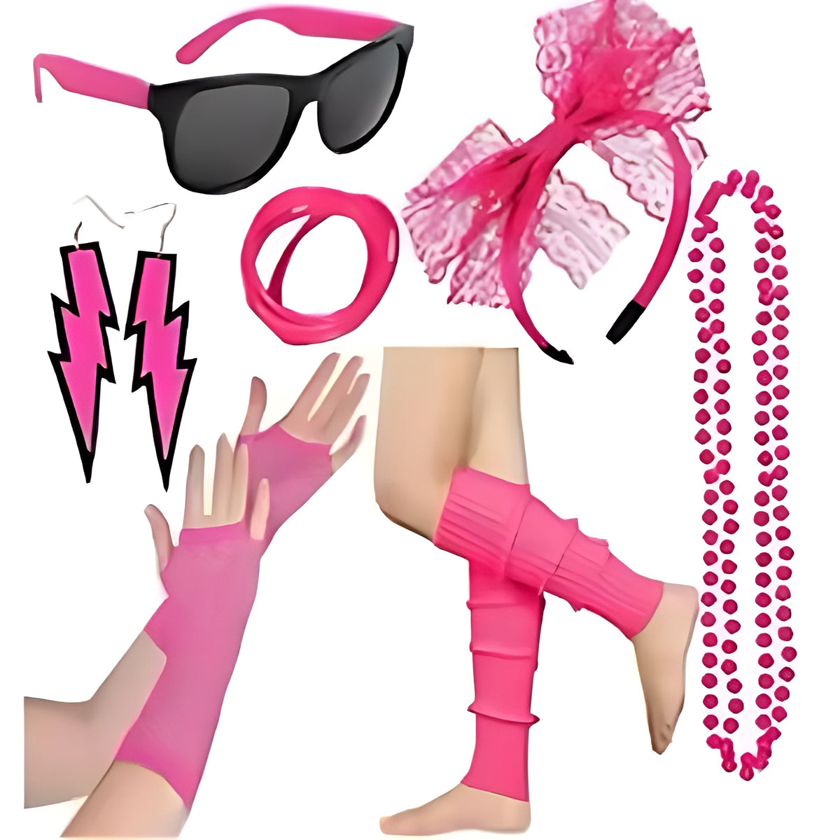 Pink kids disco party accessory set with sunglasses, headband, gloves, jewellery and leg warmers