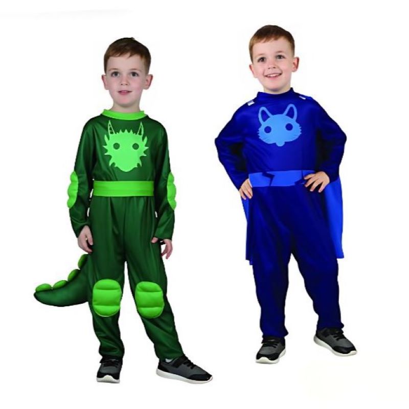 Two boys wearing green Gekko and blue Catboy PJ Masks costumes