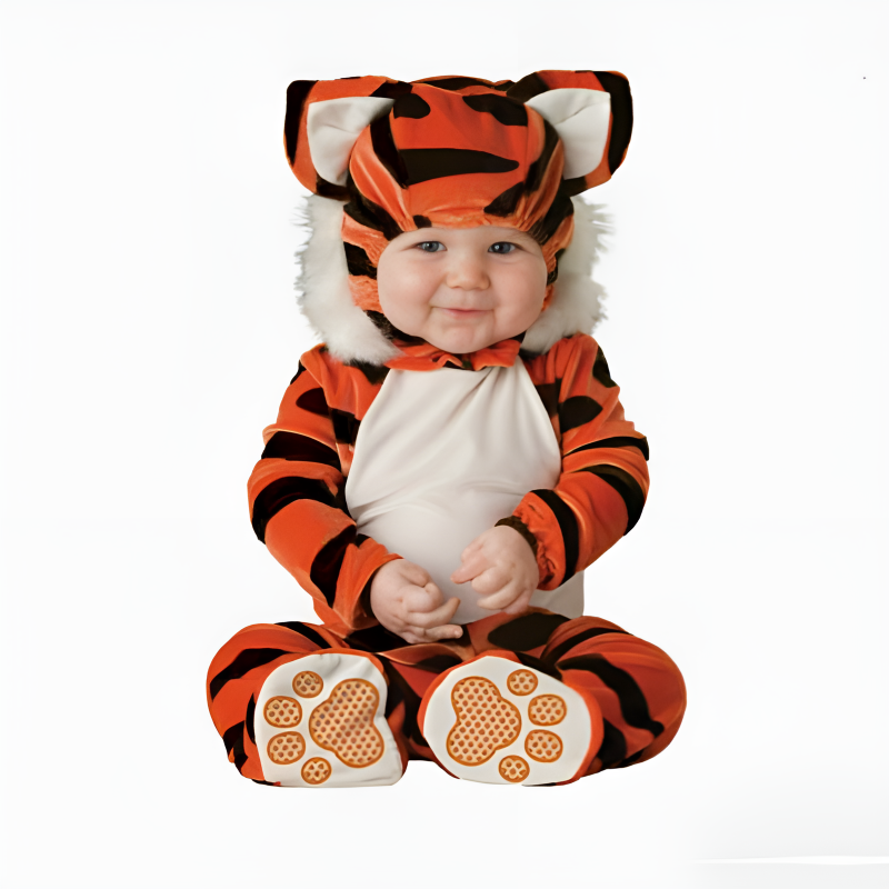 Tiger baby costume with striped jumpsuit and matching hood