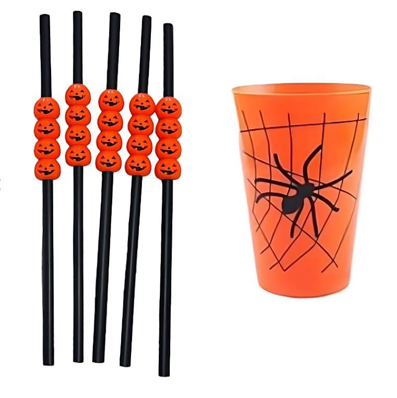 Orange Halloween spider web cup with spider graphic