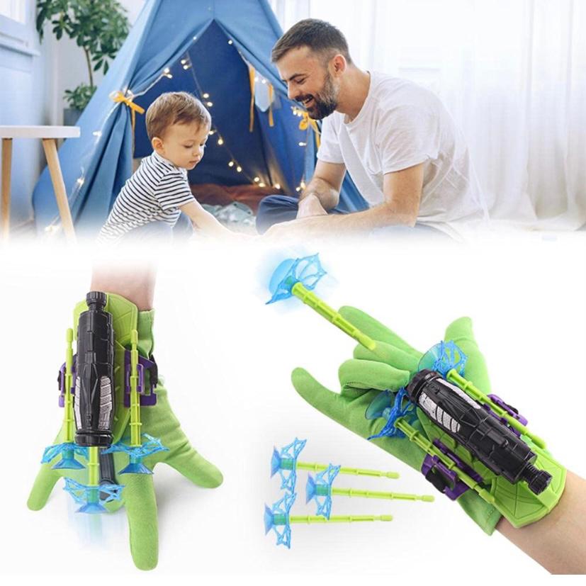Green wrist launcher toy with matching projectiles shown on a hand