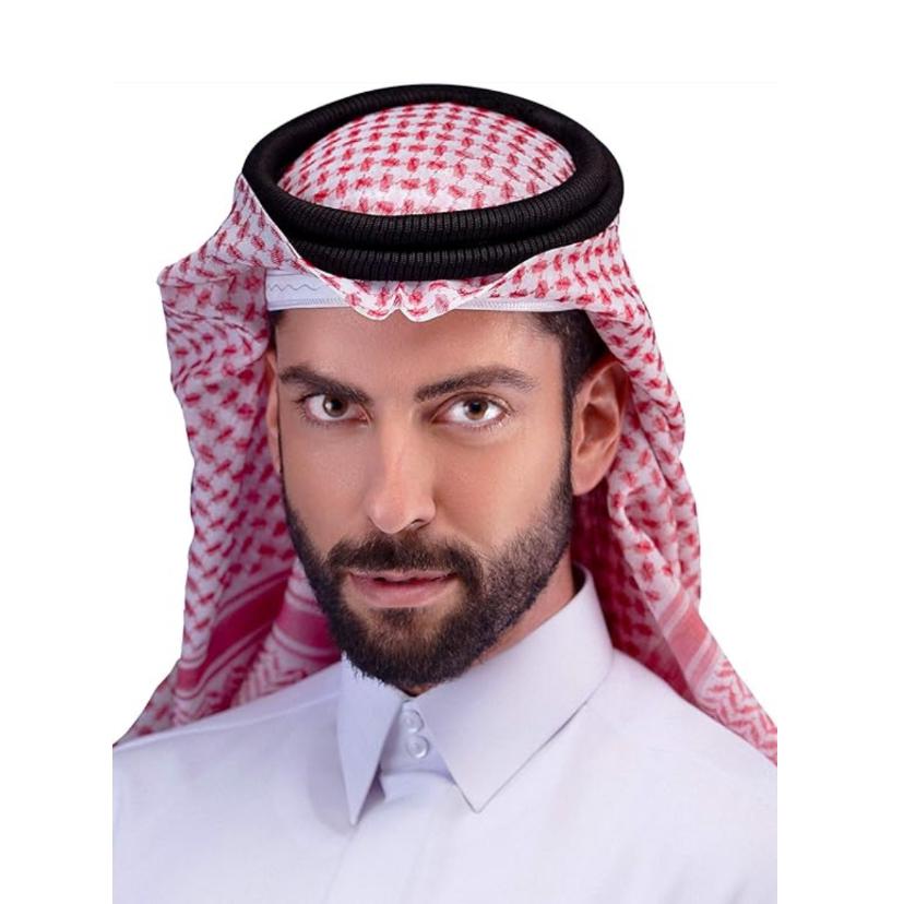 Red and white patterned keffiyeh with black agal