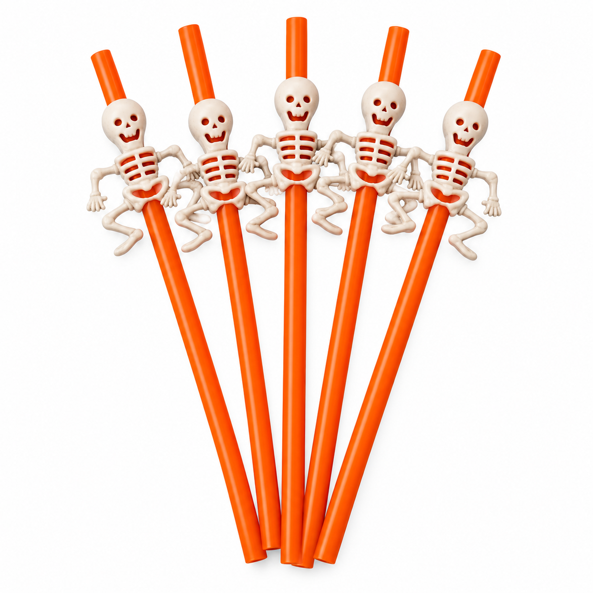 Five orange Halloween straws with shaded ivory skeleton decorations