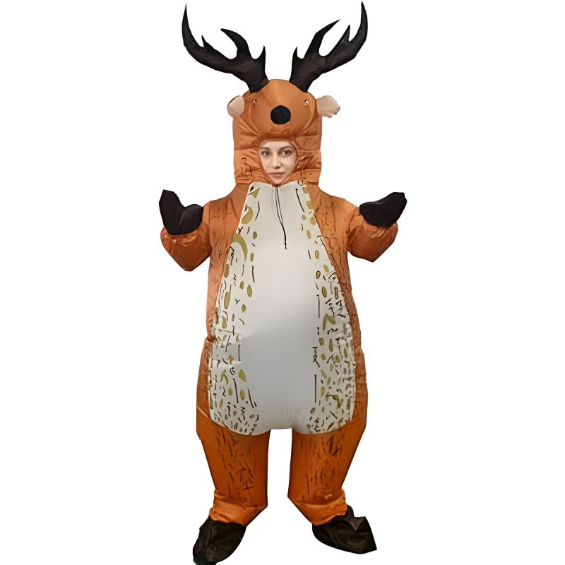 Adult reindeer costume with brown hood, antlers, and cream front panel