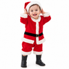 Baby Christmas Santa outfit with red suit, fluffy white trim, black belt and black boots on white background