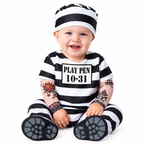 Square high-quality product photo of black-and-white striped baby prisoner costume and matching cap on pure white background