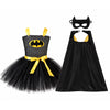 Batgirl tutu costume and plain black cape and mask on a square white background