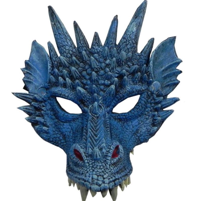Blue dragon costume face mask with scales, horns and spikes