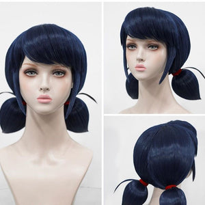 Dark blue pigtail costume wig shown from front, side and back