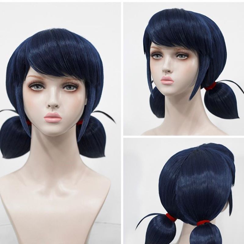 Dark blue pigtail costume wig shown from front, side and back