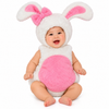 Cute Bunny Costume worn by a smiling realistic baby, white and pink plush bunny suit on white background