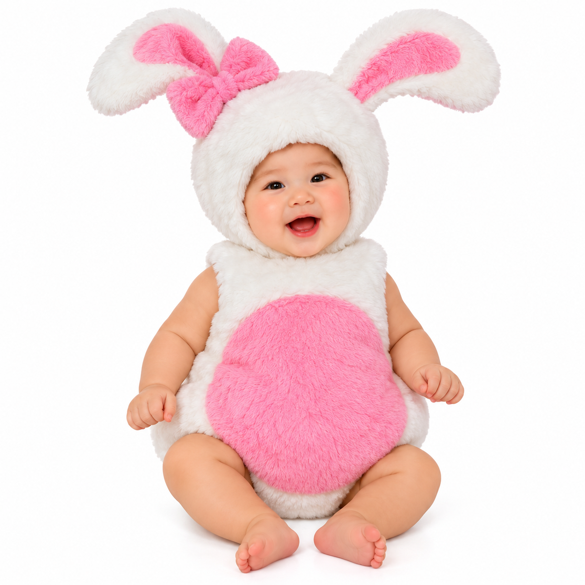 Cute Bunny Costume worn by a smiling realistic baby, white and pink plush bunny suit on white background