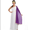 Woman wearing white and purple Greek goddess costume
