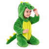 Square high-quality product photo of green dinosaur costume with yellow belly and hood on pure white background