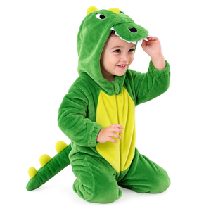 Square high-quality product photo of green dinosaur costume with yellow belly and hood on pure white background