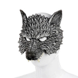 Grey werewolf costume face mask with sculpted fur texture and fangs