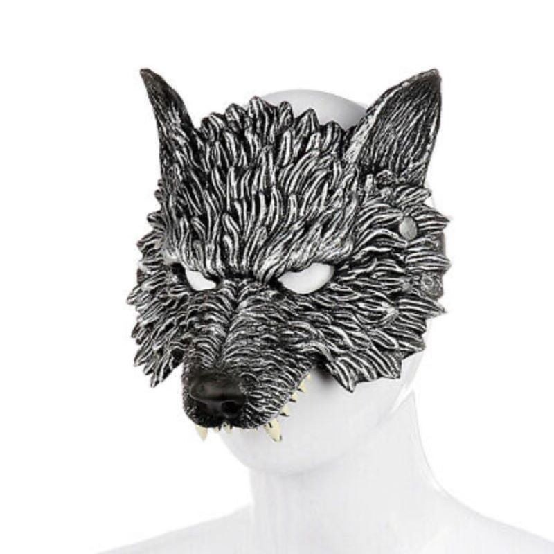 Grey werewolf costume face mask with sculpted fur texture and fangs