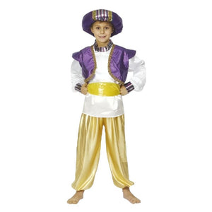 Boy wearing a purple white and gold Arabian prince costume