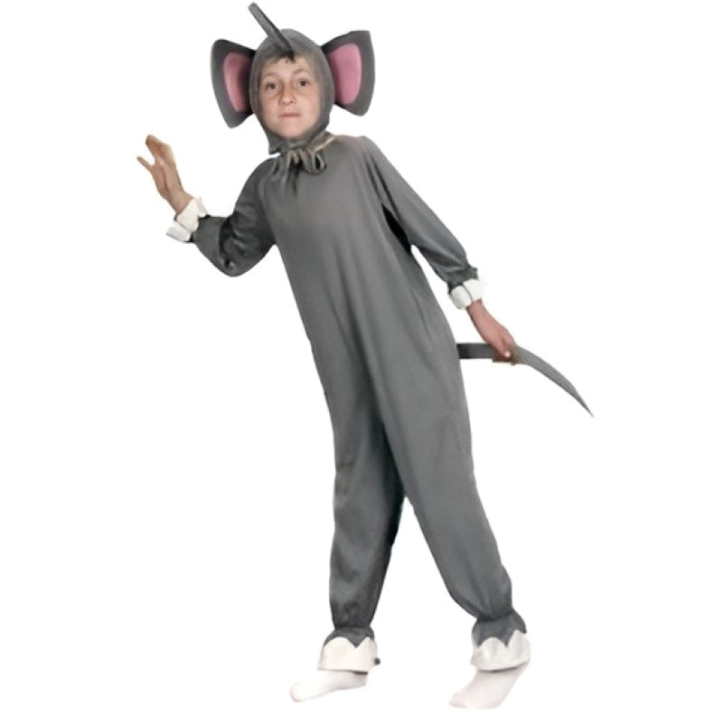 Boy wearing a grey elephant costume with trunk hood and large ears