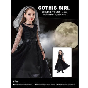 Girl wearing a full-length black gothic dress with veil