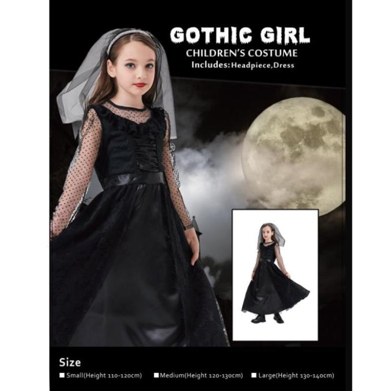 Girl wearing a full-length black gothic dress with veil
