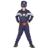 Boy wearing a navy Captain America costume with matching mask