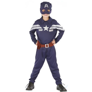 Boy wearing a navy Captain America costume with matching mask