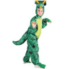Boy wearing a green full-body Triceratops dinosaur costume