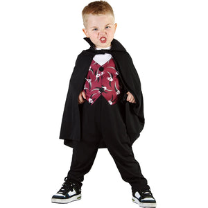 Toddler vampire costume with burgundy patterned vest, black cape, black trousers and sneakers on a white background