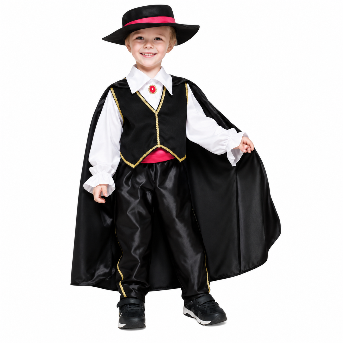 Child wearing a black cape, black hat with pink band, white shirt and gold-trimmed black vest on a white background