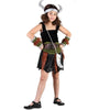 Girl wearing a black Viking warrior costume with horned helmet