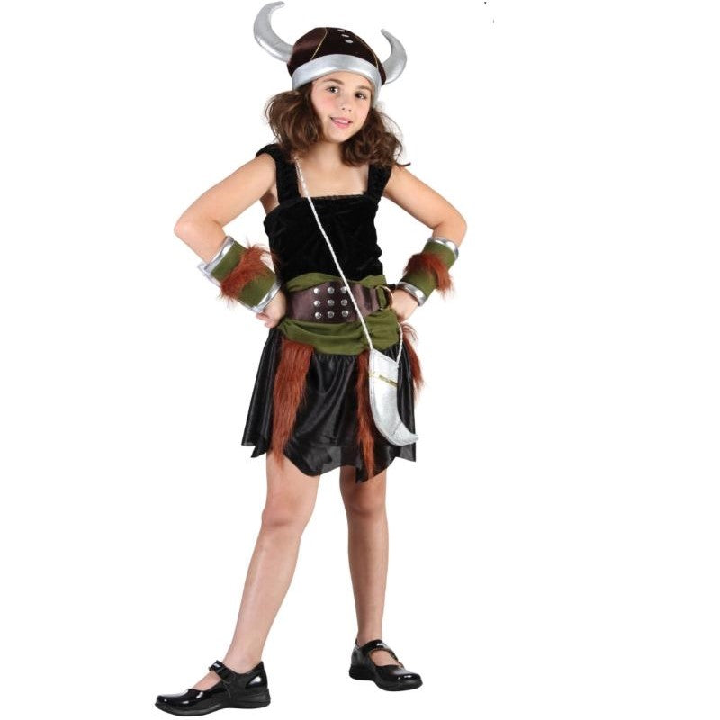 Girl wearing a black Viking warrior costume with horned helmet