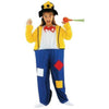 Girl wearing a colorful yellow and blue clown costume