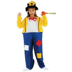 Girl wearing a colorful yellow and blue clown costume