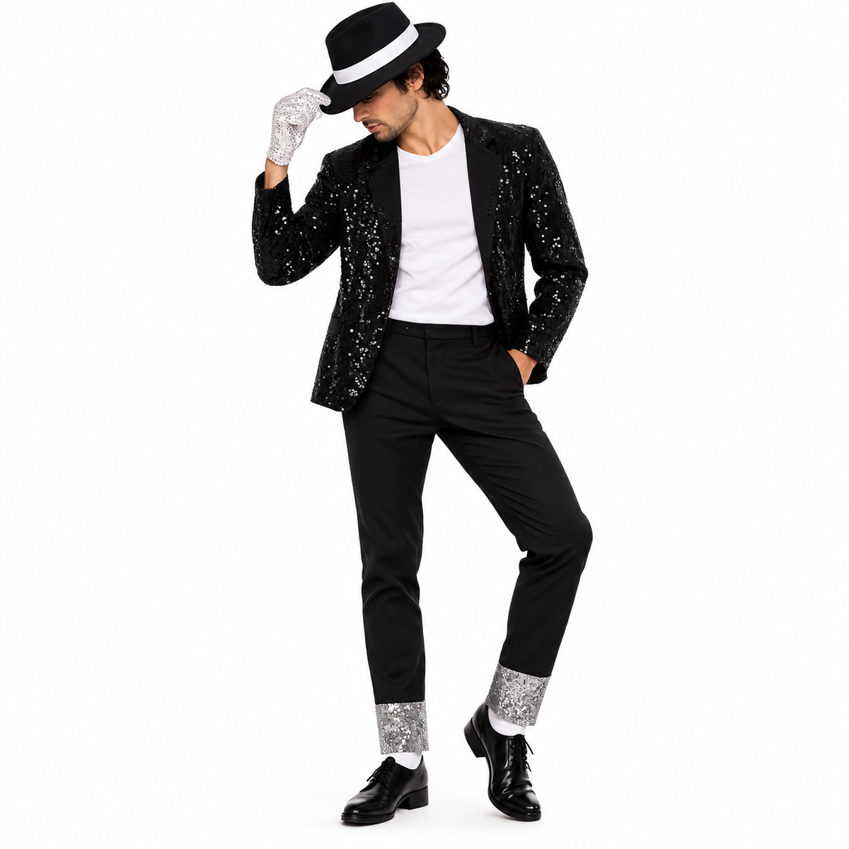 Michael Jackson adult costume with black sequined jacket, fedora, white glove and silver ankle cuffs