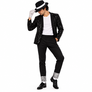 Michael Jackson adult costume with black sequined jacket, fedora, white glove and silver ankle cuffs