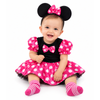 Square product image of Minnie Mouse costume on a smiling baby, pink polka-dot dress and mouse-ear headband on white background