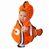 Baby wearing orange Nemo-style clownfish costume on a white background