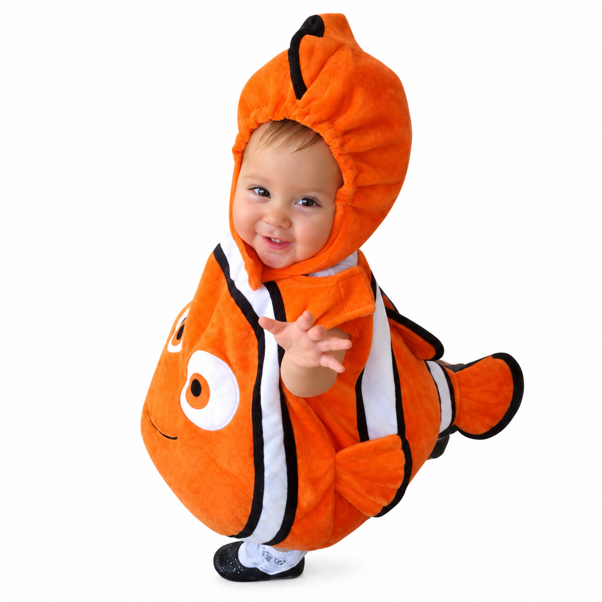 Baby wearing orange Nemo-style clownfish costume on a white background