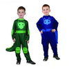Two boys wearing green Gekko and blue Catboy PJ Masks costumes
